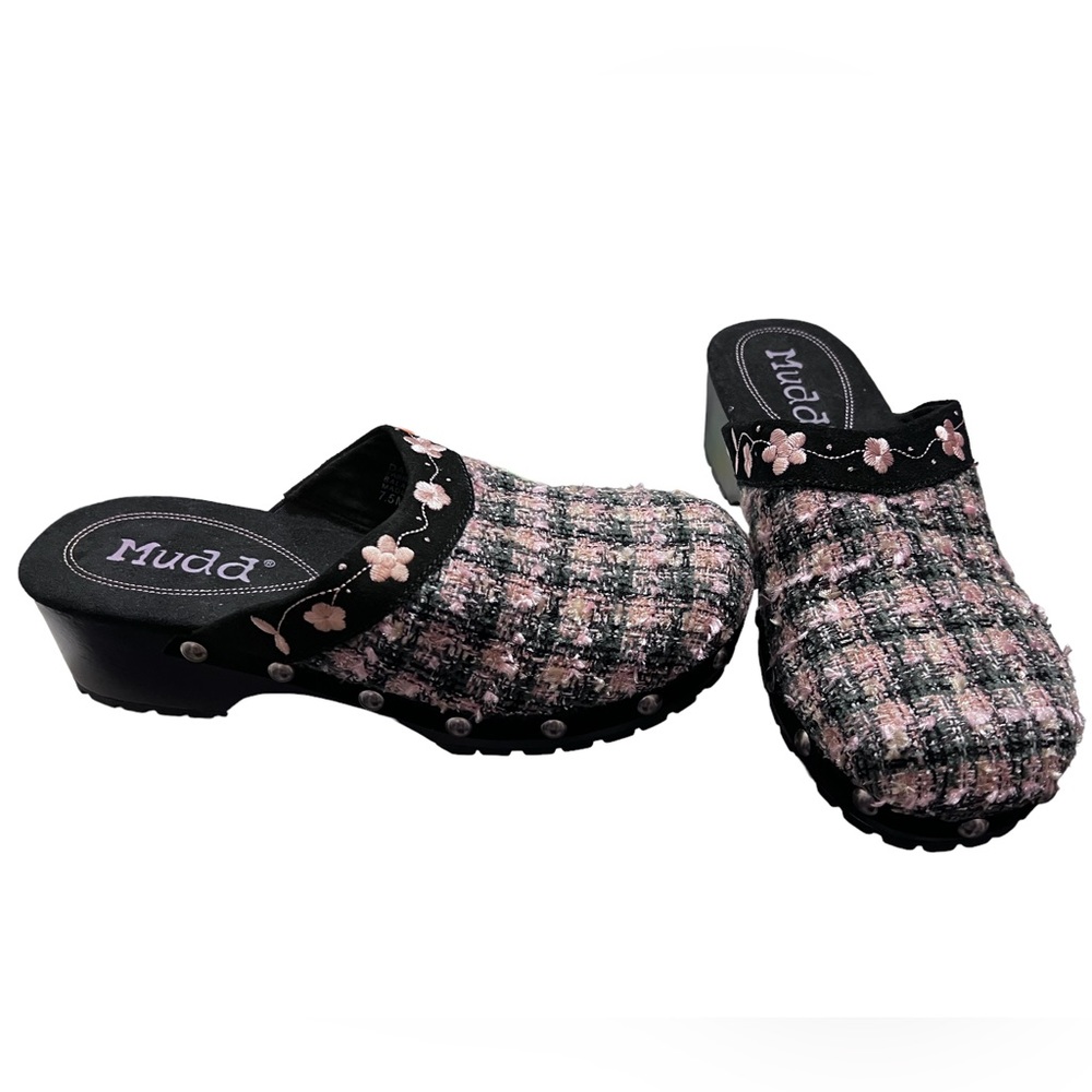 Mudd Heeled Clogs Vintage Y2K Tweed Shoe Embroidered Pink Plaid Flowers NWOT 7.5